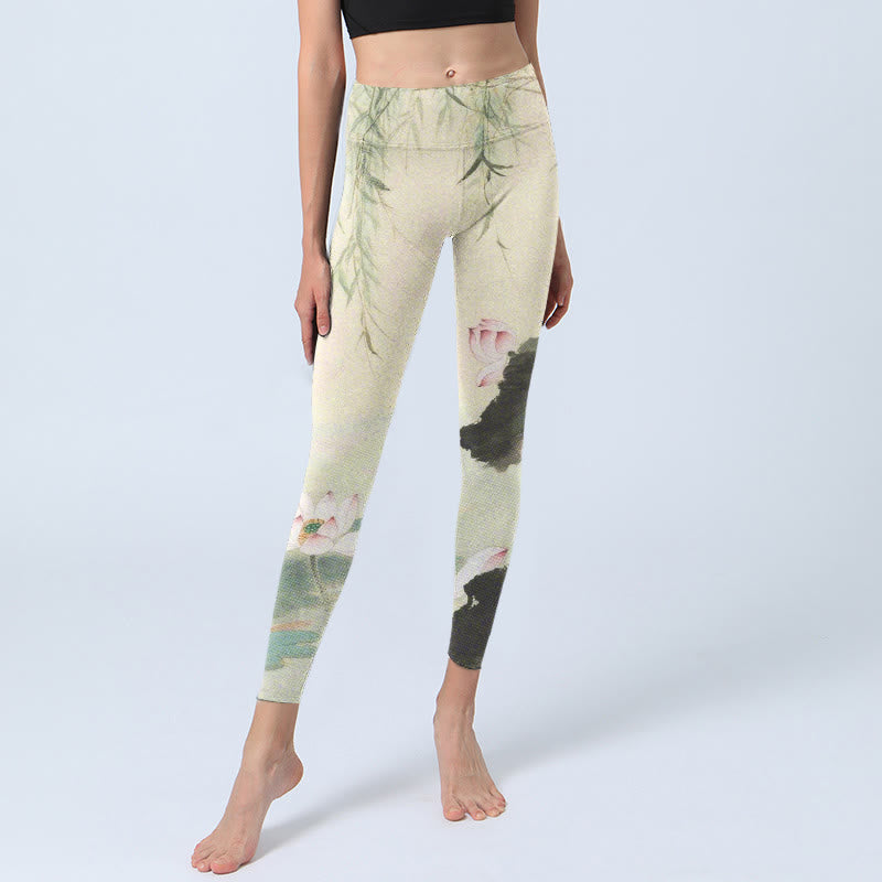 Leggings de yoga para mujer con estampado de Buddha Stones, hojas de sauce y estanque de loto - image 6