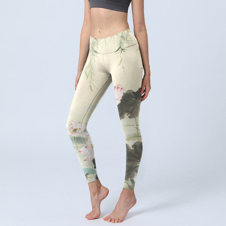 Leggings de yoga para mujer con estampado de Buddha Stones, hojas de sauce y estanque de loto - Beige - US18,UK/AU22,EU50 (4XL) - image 1