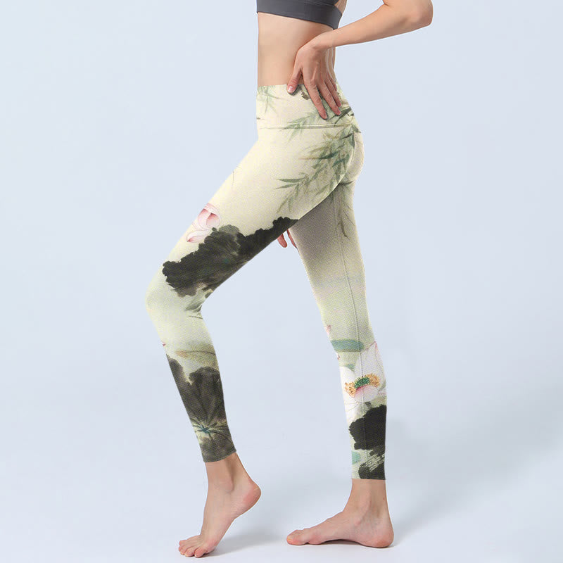 Leggings de yoga para mujer con estampado de Buddha Stones, hojas de sauce y estanque de loto - image 3