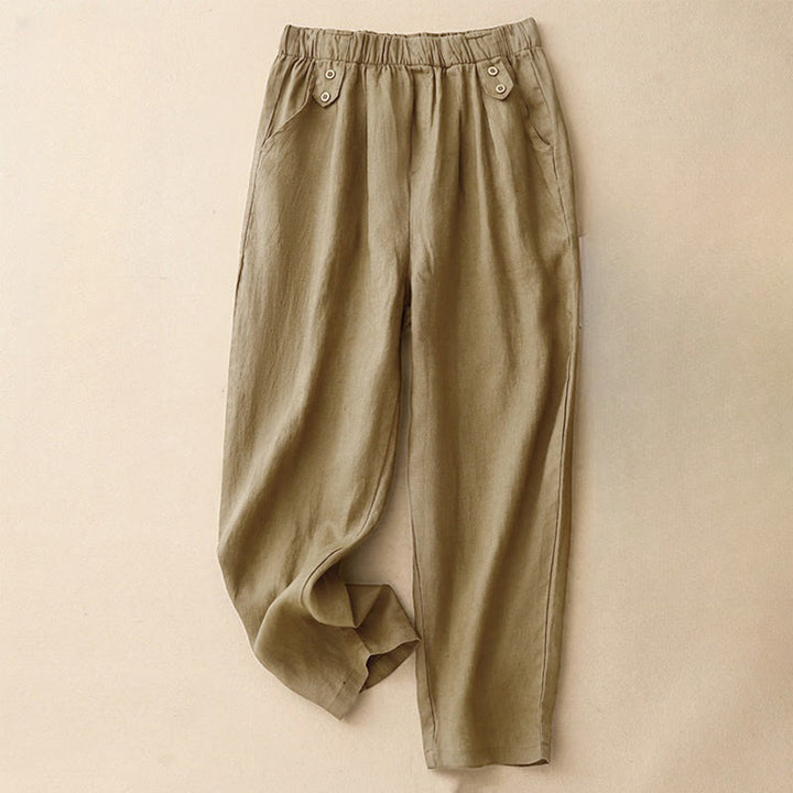 Pantalones harén de lino y algodón para mujer, informales, lisos, de verano , con bolsillos, de 7 a 8 botones - Broncearse - US8-10,UK/AU12-14,EU40-42 (2XL) - image 0