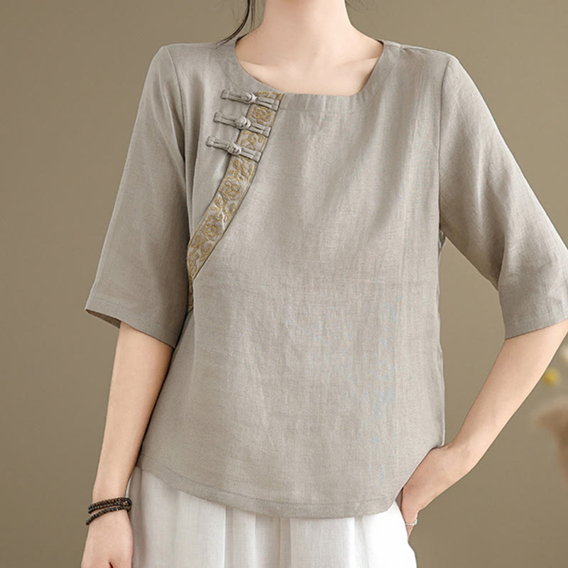 Camisa informal de lino y algodón con estampado floral bordado de Buddha Stones para mujer, cuello redondo, manga corta y botones de rana - Gris oscuro - US8-10,UK/AU12-14,EU40-42 (2XL) - image 0