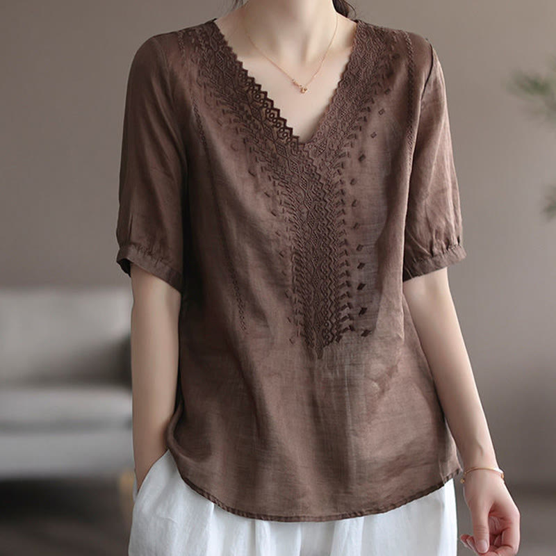 Camiseta de lino y algodón con cuello en V y media manga para mujer, informal, con estampado bordado de Buddha Stones, de verano - Tierra de siena - US8-10,UK/AU12-14,EU40-42 (2XL) - image 6