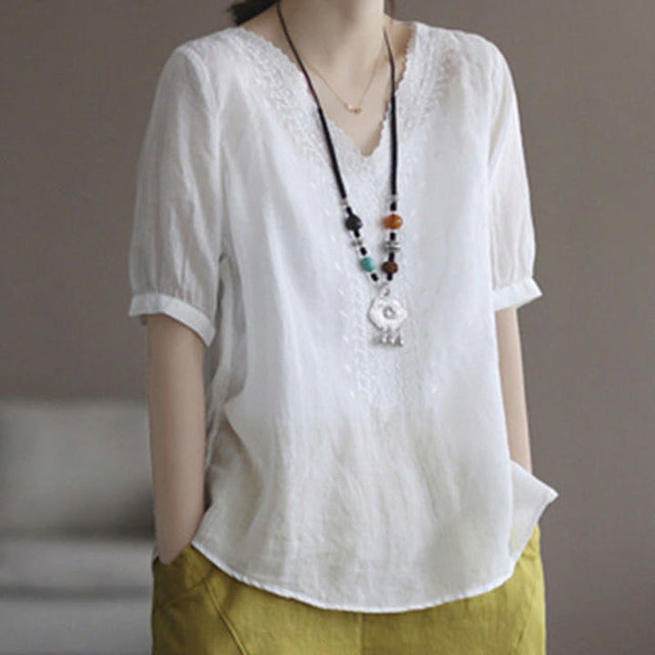 Camiseta de lino y algodón con cuello en V y media manga para mujer, informal, con estampado bordado de Buddha Stones, de verano - Blanco - US8-10,UK/AU12-14,EU40-42 (2XL) - image 10