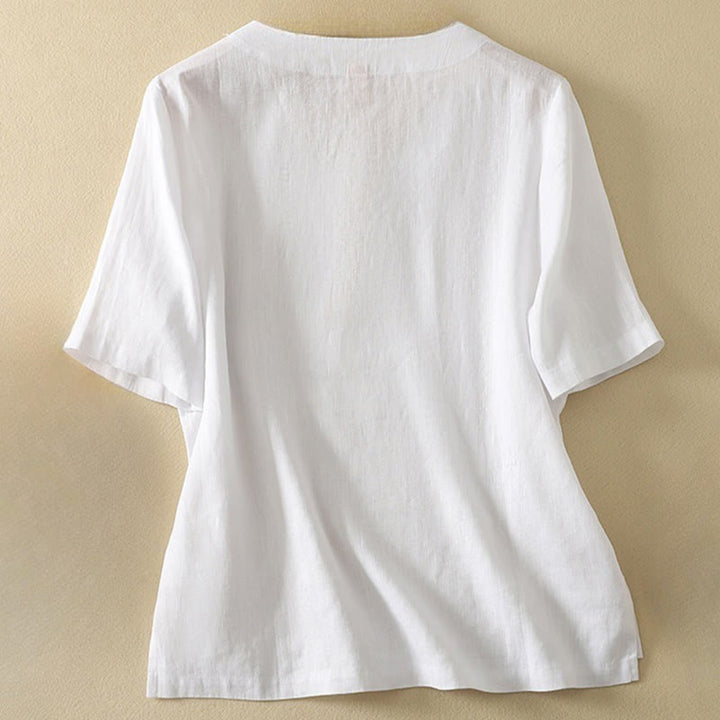 Camiseta de algodón de media manga con cuello en V y diseño informal de Buddha Stones para mujer, de verano - image 11