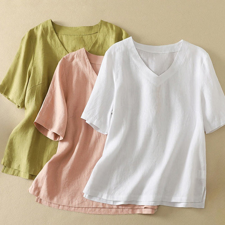 Camiseta de algodón de media manga con cuello en V y diseño informal de Buddha Stones para mujer, de verano - image 20