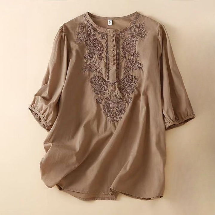 Camisa informal de lino y algodón con cuello redondo y media manga para mujer con estampado floral bordado de Buddha Stones - SaddleBrown - US8-10,UK/AU12-14,EU40-42 (2XL) - image 0