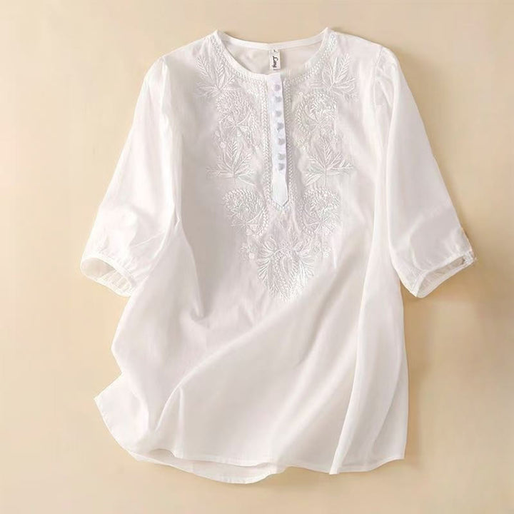 Camisa informal de lino y algodón con cuello redondo y media manga para mujer con estampado floral bordado de Buddha Stones - Blanco - US8-10,UK/AU12-14,EU40-42 (2XL) - image 9