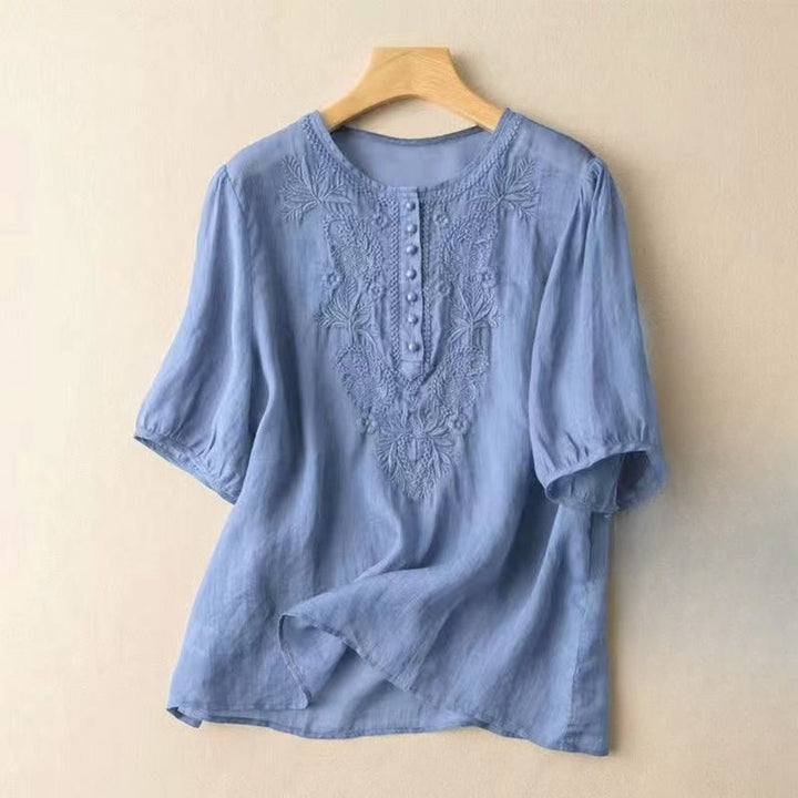 Camisa informal de lino y algodón con cuello redondo y media manga para mujer con estampado floral bordado de Buddha Stones - Azul aciano - US8-10,UK/AU12-14,EU40-42 (2XL) - image 17
