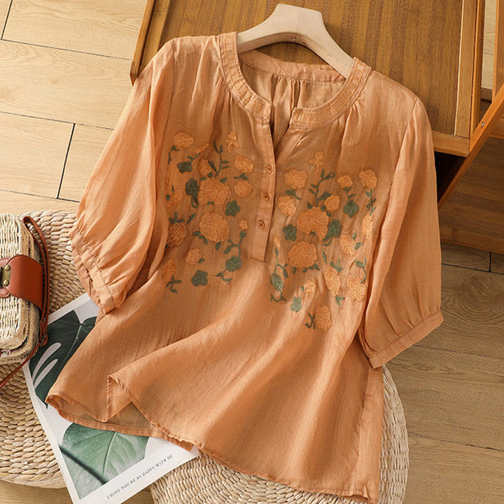 Camisa informal de lino y algodón con cuello en V y media manga para mujer, con estampado de flores y hojas verdes bordadas y piedras de Buddha Stones - SandyBrown - US8-10,UK/AU12-14,EU40-42 (2XL) - image 16