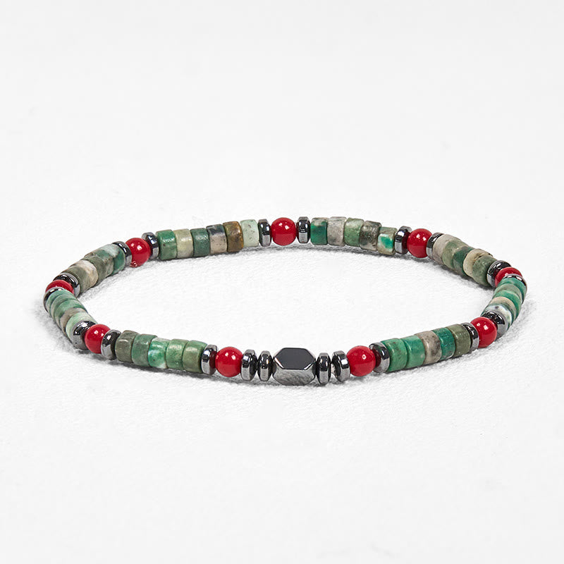 Pulsera poderosa de hematita y coral rojo con piedras verdes naturales de Buddha Stones