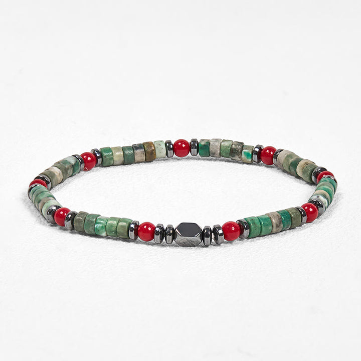 Pulsera poderosa de hematita y coral rojo con piedras verdes naturales de Buddha Stones
