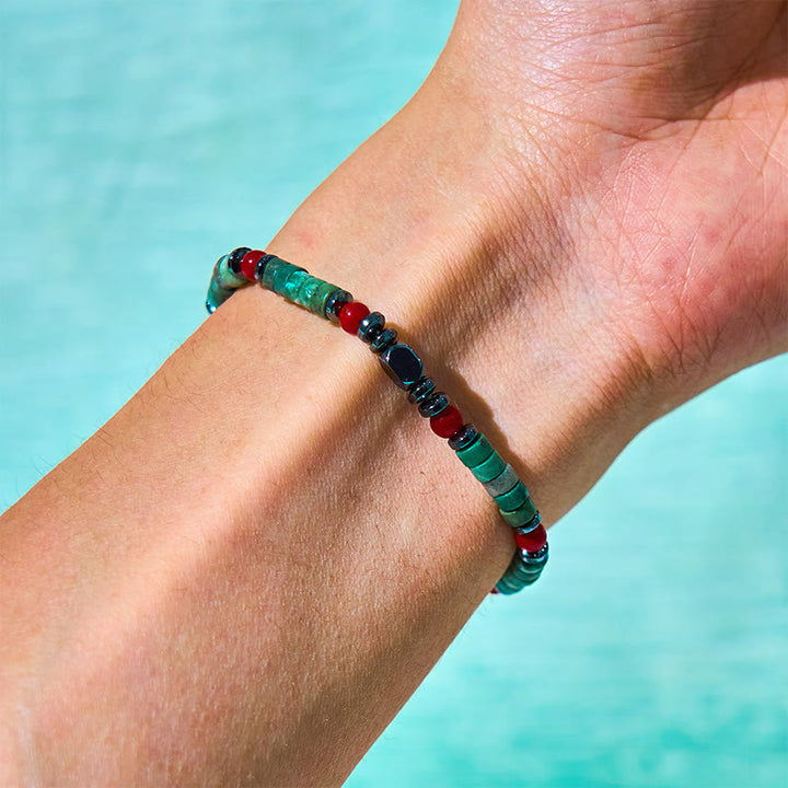 Pulsera poderosa de hematita y coral rojo con piedras verdes naturales de Buddha Stones