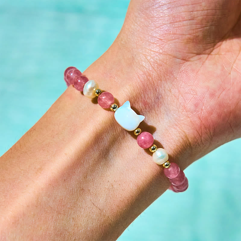 Pulsera curativa de Buddha Stones de cuarzo fresa, perla, gato y conejo - image 8