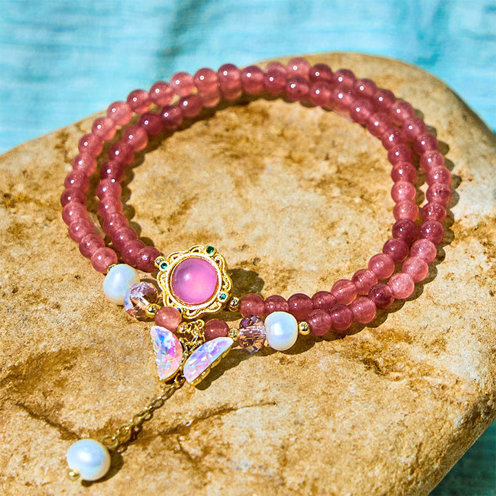 Pulsera de doble vuelta con cuentas de cristal de cuarzo Buddha Stones natural, perla, mariposa y gota de agua