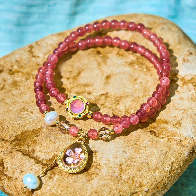 Pulsera de doble vuelta con cuentas de cristal de cuarzo Buddha Stones natural, perla, mariposa y gota de agua