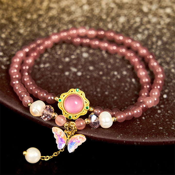 Pulsera de doble vuelta con cuentas de cristal de cuarzo Buddha Stones natural, perla, mariposa y gota de agua