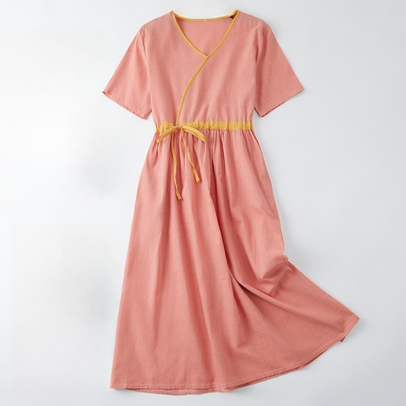 Vestido midi de verano con cuello en V, manga corta y diseño informal con cordones y costuras de color Buddha Stones - Coral claro - US8-10,UK/AU12-14,EU40-42 (2XL) - image 0