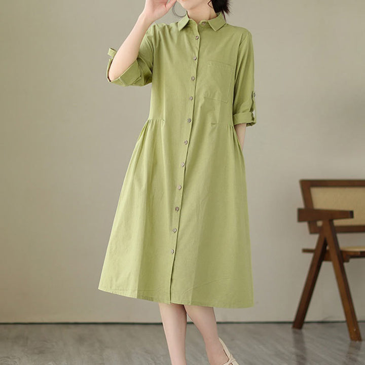 Vestido midi informal de verano con botones lisos y cuello alto, manga tres cuartos, acrílico, con bolsillos y diseño de Buddha Stones