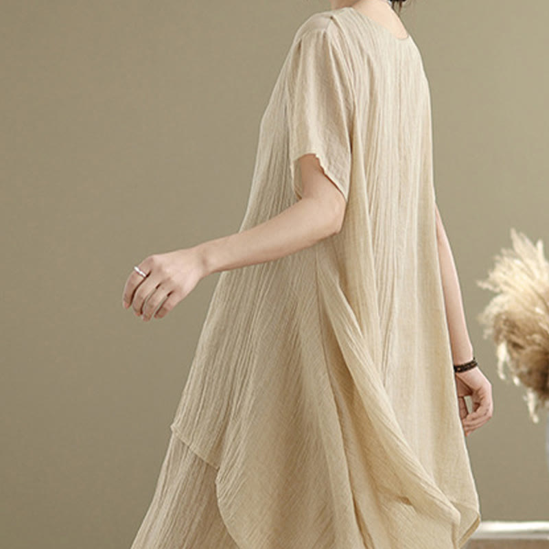 Vestido midi Buddha Stones de verano con diseño sencillo y cuello redondo, manga corta, mezcla de algodón y lino, de doble capa