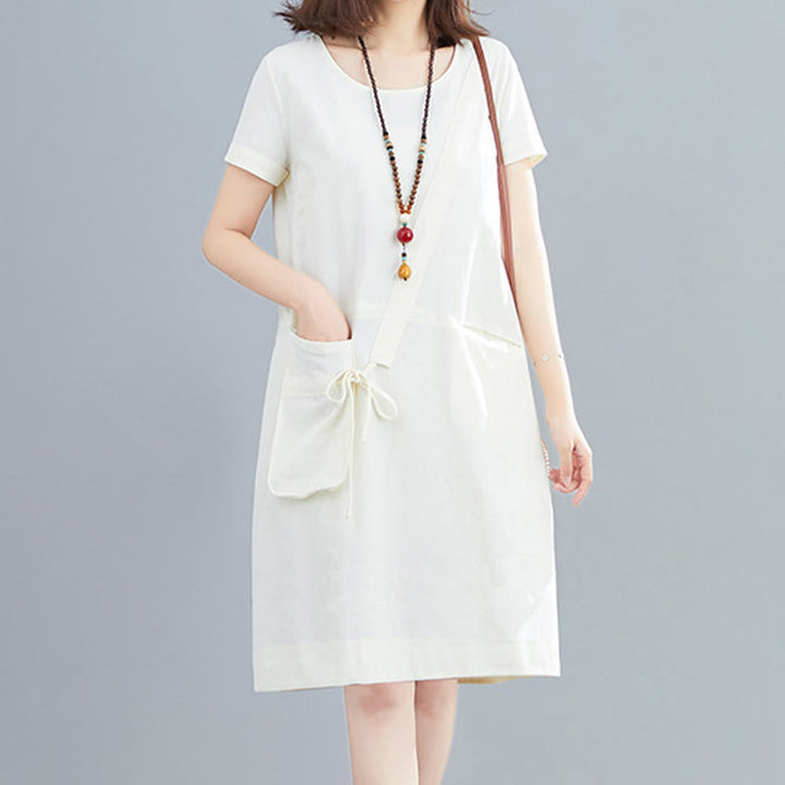 Vestido midi informal de verano con cuello redondo, manga corta, de lino y algodón, con cordones y bolsillos , de Buddha Stones - Blanco - US8-10,UK/AU12-14,EU40-42 (2XL) - image 0