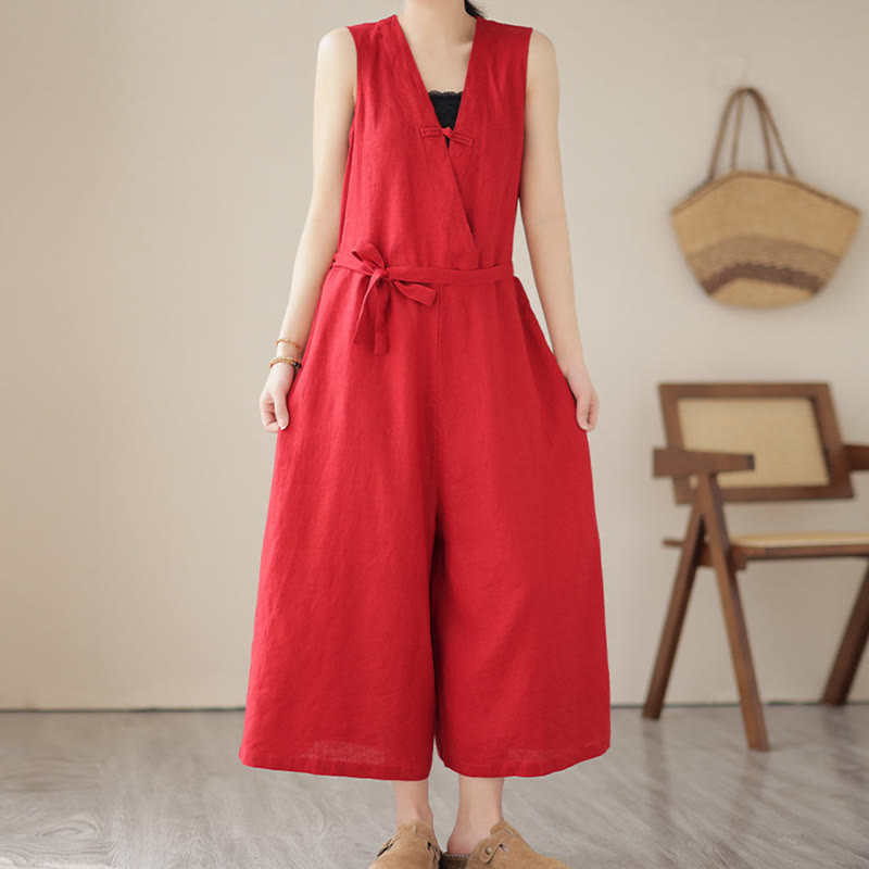Mono informal de lino y algodón con diseño sencillo, sin mangas y con cordones, con estampado de Buddha Stones y bolsillos para mujer - Rojo - US14,UK/AU18,EU46 (2XL) - image 6