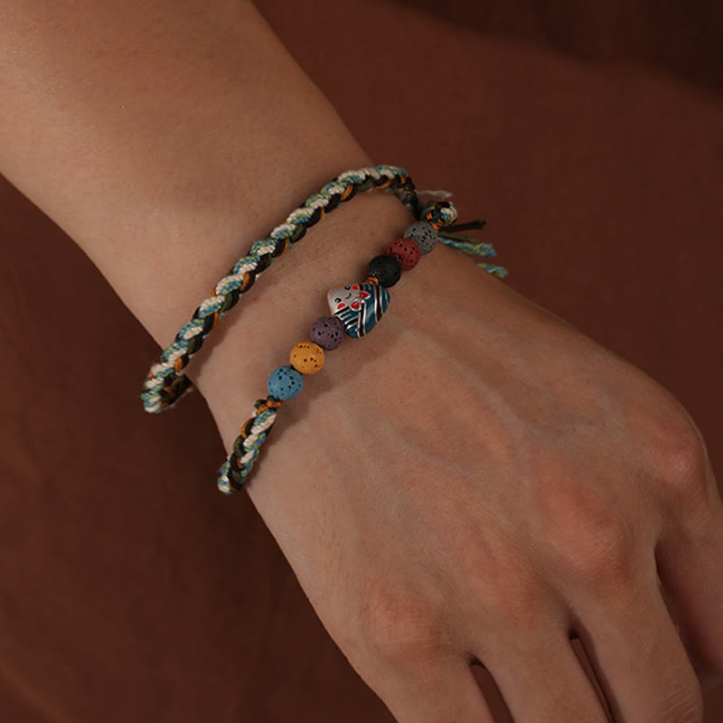 Pulsera trenzada de la suerte con Buddha Stones, Festival del Bote del Dragón, cuerda colorida, roca de lava, personaje Fu, albóndigas de arroz