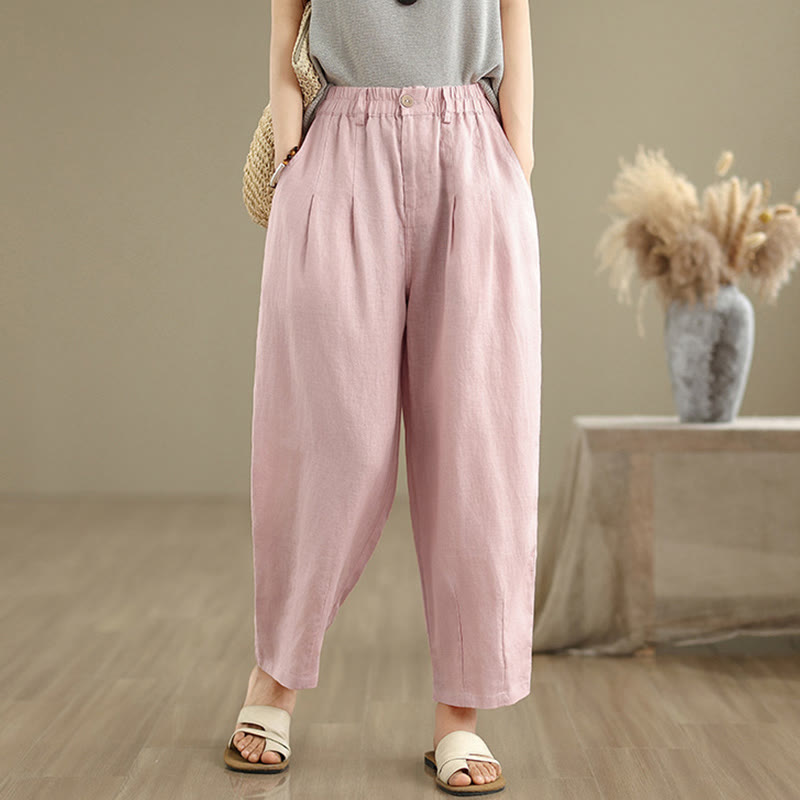Pantalones harén de lino y algodón con bolsillos para mujer, de cintura alta, informales, de verano, de color liso, con Buddha Stones