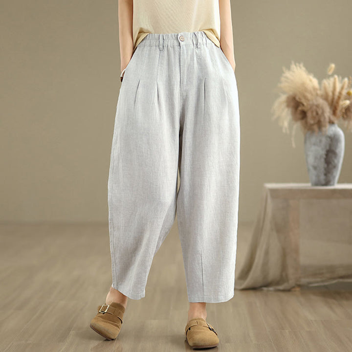 Pantalones harén de lino y algodón con bolsillos para mujer, de cintura alta, informales, de verano, de color liso, con Buddha Stones