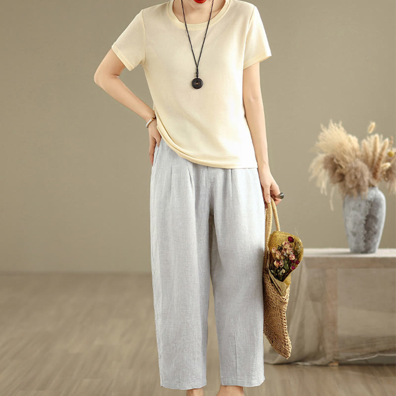 Pantalones harén de lino y algodón con bolsillos para mujer, de cintura alta, informales, de verano, de color liso, con Buddha Stones