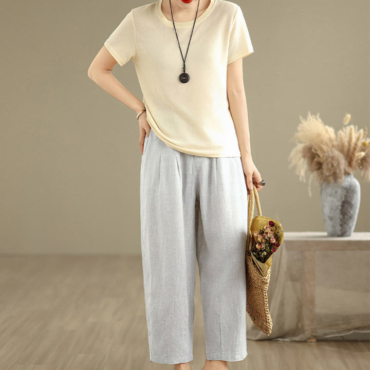 Pantalones harén de lino y algodón con bolsillos para mujer, de cintura alta, informales, de verano, de color liso, con Buddha Stones