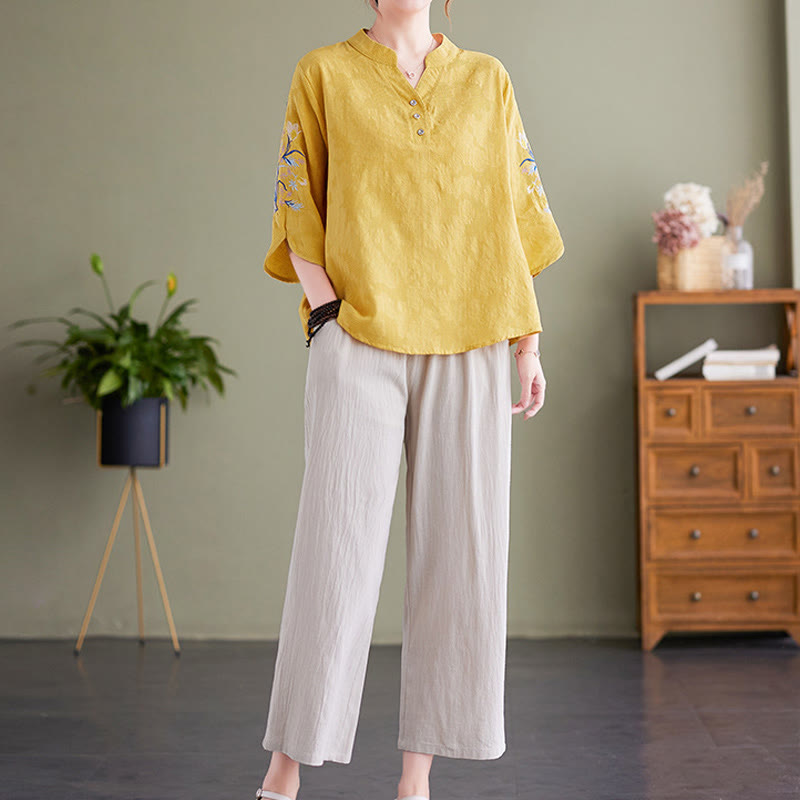 Camisa de lino y algodón con cuello entallado para mujer, diseño de flores bordadas de verano con Buddha Stones y mangas tres cuartos - image 15