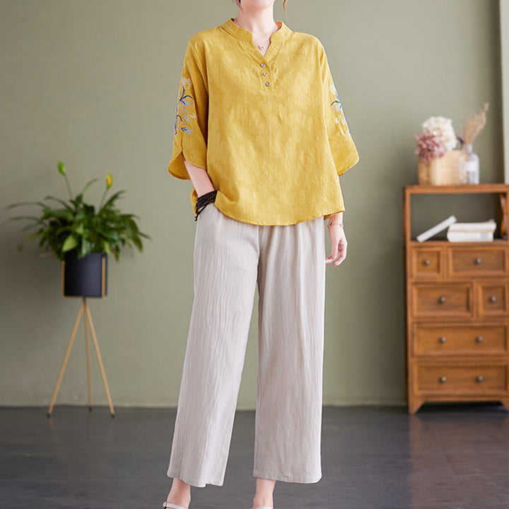 Camisa de lino y algodón con cuello entallado para mujer, diseño de flores bordadas de verano con Buddha Stones y mangas tres cuartos - image 15