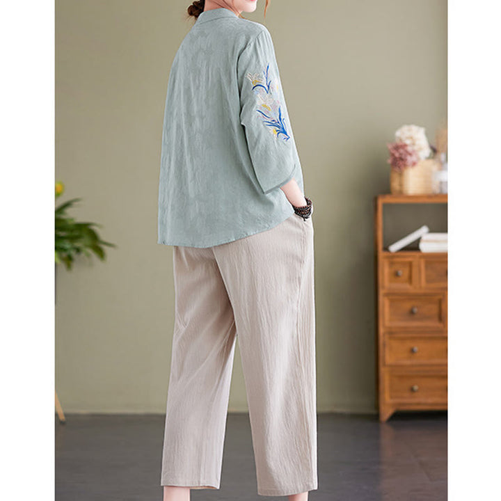 Camisa de lino y algodón con cuello entallado para mujer, diseño de flores bordadas de verano con Buddha Stones y mangas tres cuartos - image 10