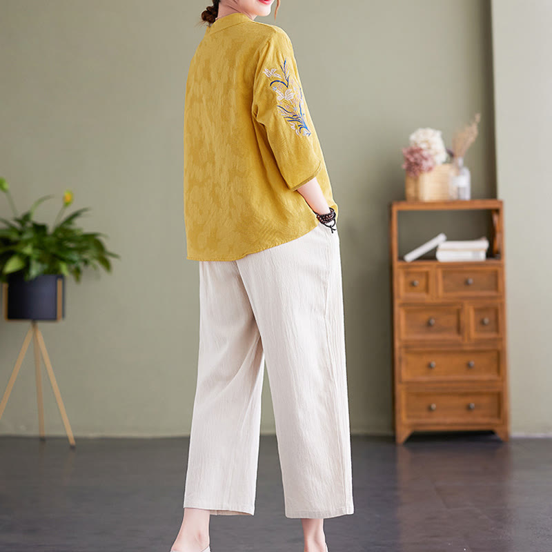 Camisa de lino y algodón con cuello entallado para mujer, diseño de flores bordadas de verano con Buddha Stones y mangas tres cuartos - image 16