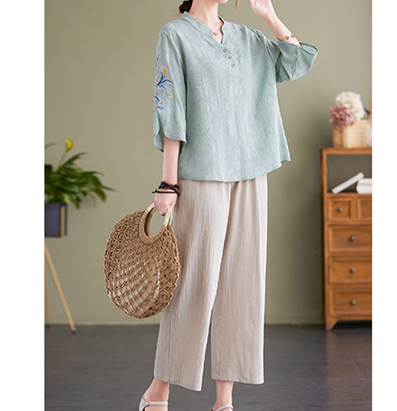 Camisa de lino y algodón con cuello entallado para mujer, diseño de flores bordadas de verano con Buddha Stones y mangas tres cuartos - image 11