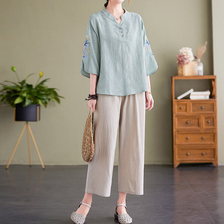 Camisa de lino y algodón con cuello entallado para mujer, diseño de flores bordadas de verano con Buddha Stones y mangas tres cuartos - image 8