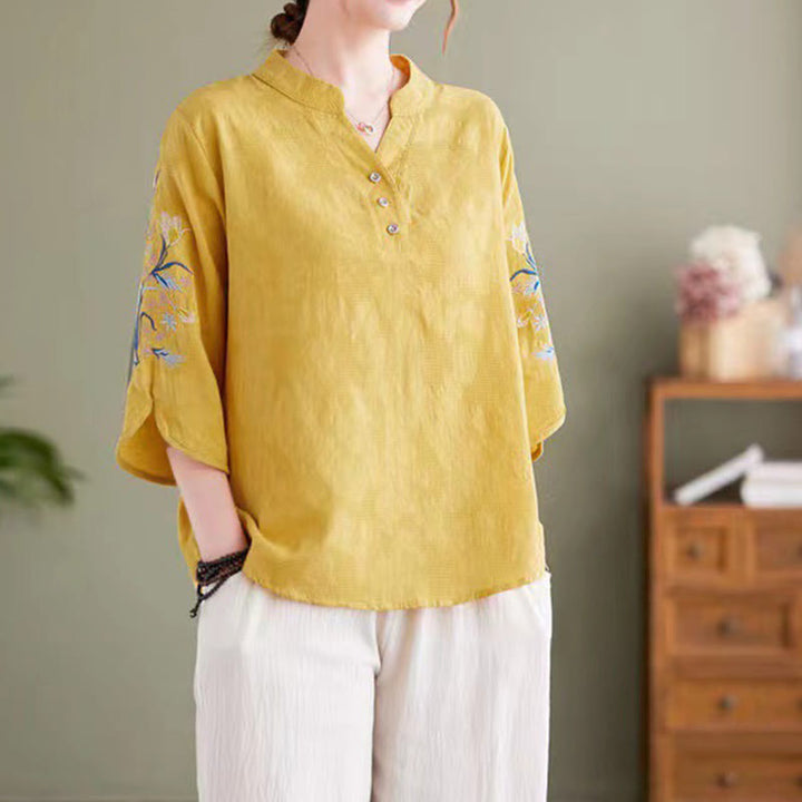 Camisa de lino y algodón con cuello entallado para mujer, diseño de flores bordadas de verano con Buddha Stones y mangas tres cuartos - Oro - US14, UK/AU18, EU46 (4XL) - image 14