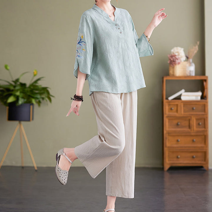 Camisa de lino y algodón con cuello entallado para mujer, diseño de flores bordadas de verano con Buddha Stones y mangas tres cuartos - image 13