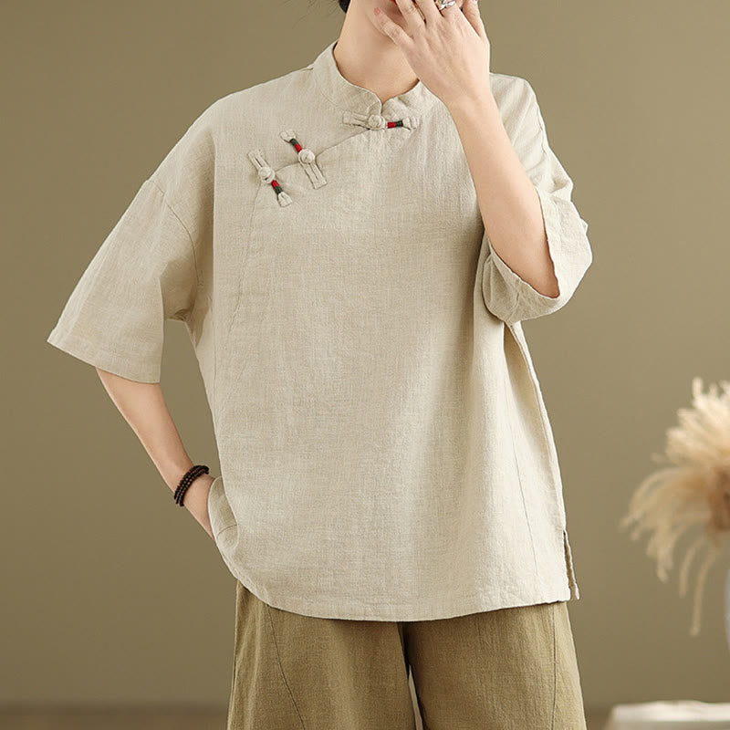 Camisa de lino y algodón para mujer, de media manga, con diseño de rana china y botones de estilo chino, con cuello alto y Buddha Stones - LimónChiffon - US8-10,UK/AU12-14,EU40-42 (2XL) - image 0
