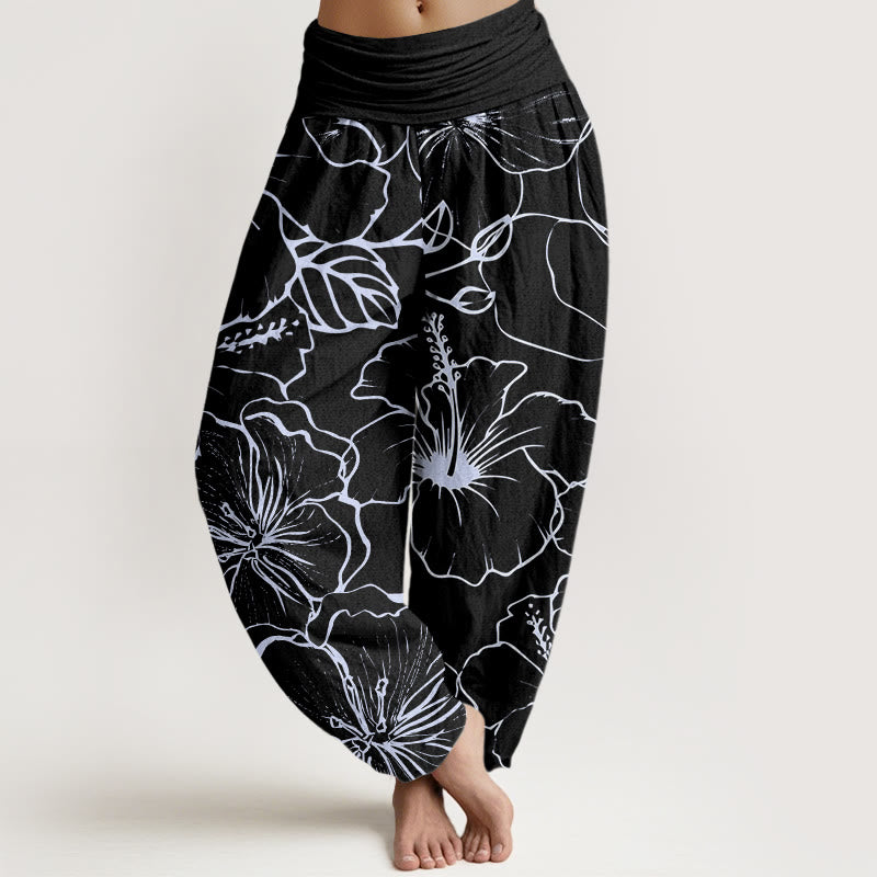 Pantalones harén con cintura elástica para mujer con diseño de flores de gloria de la mañana y Buddha Stones - Negro - US22,UK/AU26,EU54 (6XL) - image 8