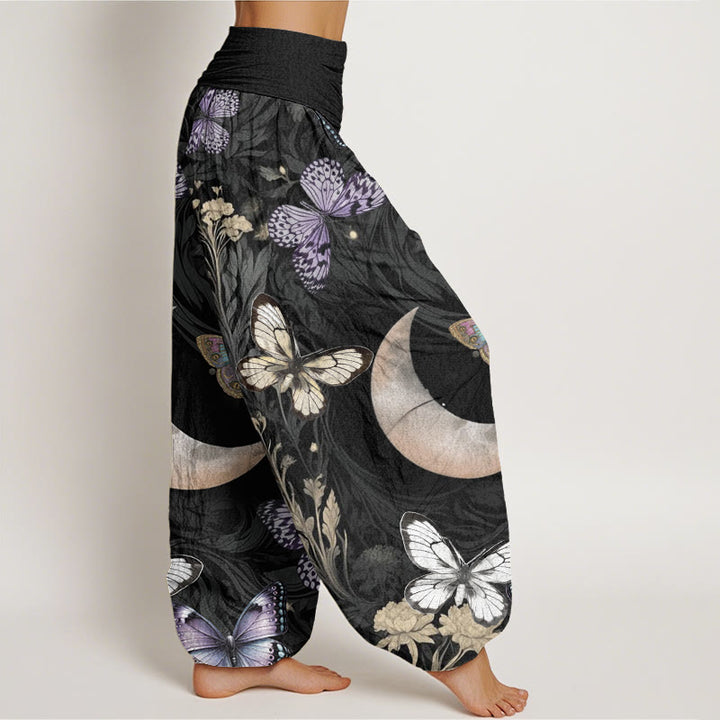Pantalones harén con cintura elástica para mujer, diseño de flores de mariposa y luna creciente con Buddha Stones - image 3