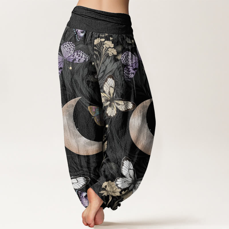 Pantalones harén con cintura elástica para mujer, diseño de flores de mariposa y luna creciente con Buddha Stones - image 2