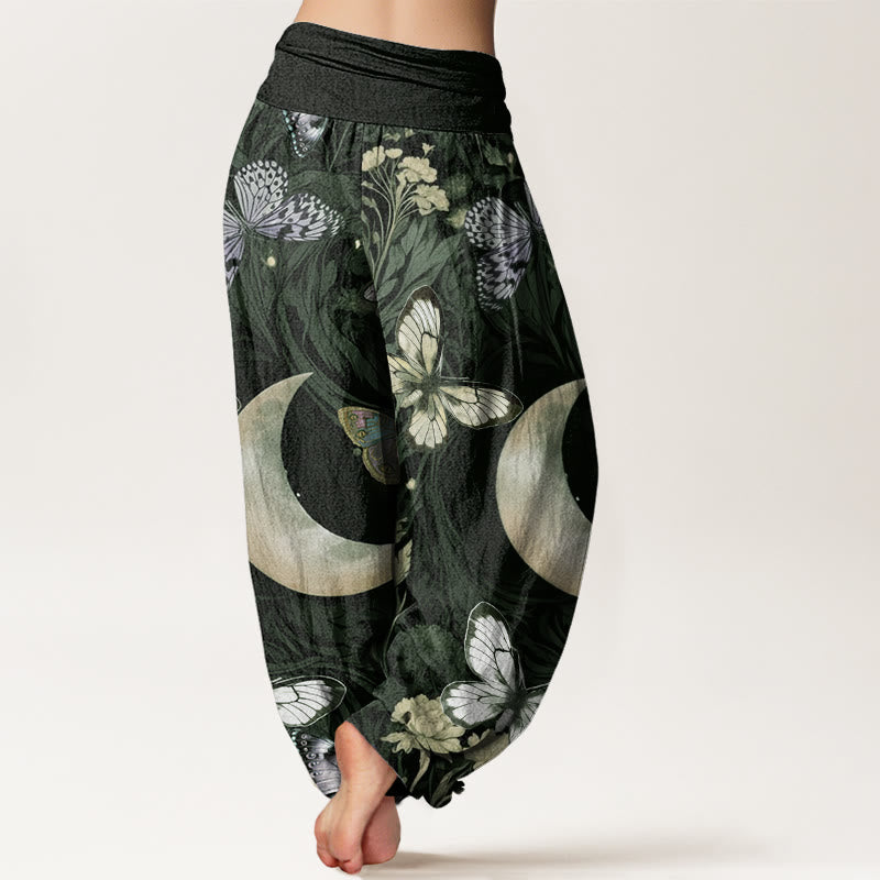 Pantalones harén con cintura elástica para mujer, diseño de flores de mariposa y luna creciente con Buddha Stones - image 6