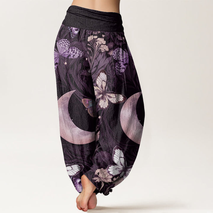 Pantalones harén con cintura elástica para mujer, diseño de flores de mariposa y luna creciente con Buddha Stones - image 9