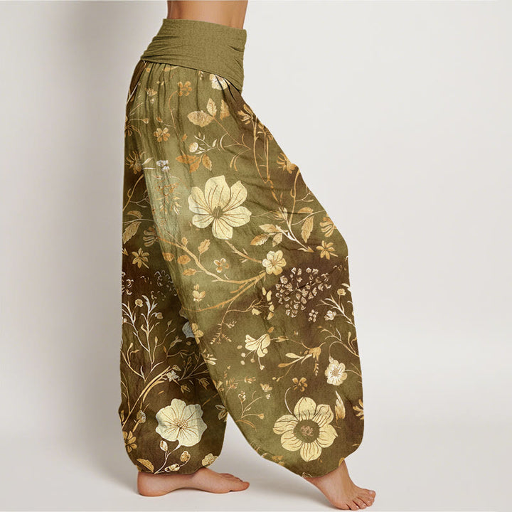 Pantalones harén para mujer con cintura elástica y diseño de flores blancas y vides sinuosas. - image 7
