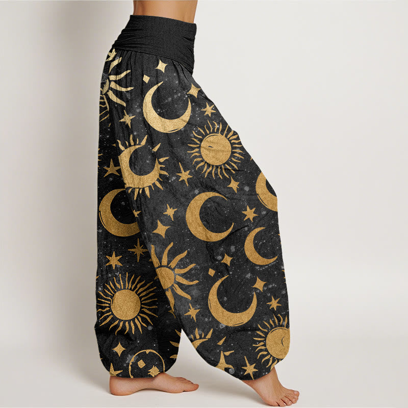 Pantalones harén con cintura elástica para mujer, diseño de Buddha Stones, luna creciente, sol y estrellas - image 3