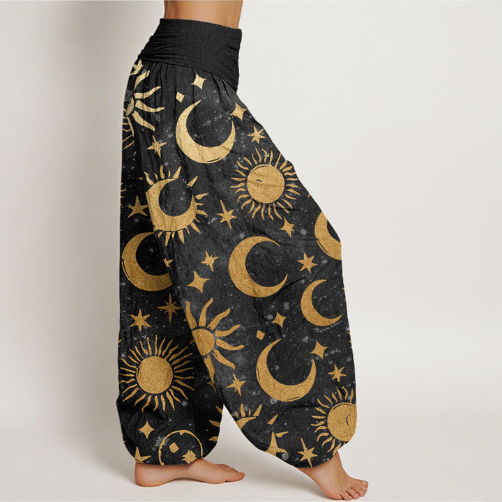 Pantalones harén con cintura elástica para mujer, diseño de Buddha Stones, luna creciente, sol y estrellas - image 3