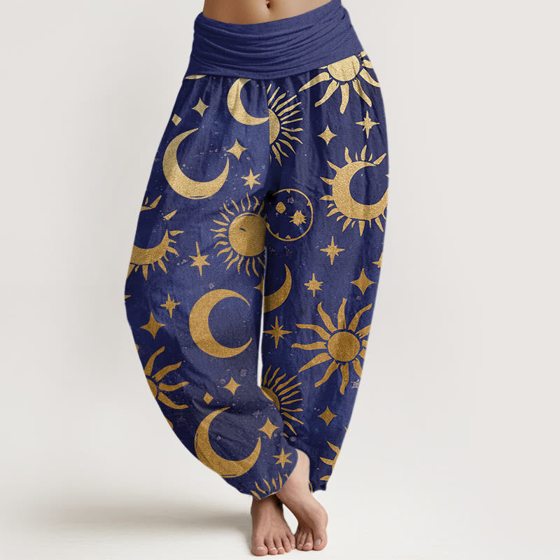 Pantalones harén con cintura elástica para mujer, diseño de Buddha Stones, luna creciente, sol y estrellas - Azul pizarra - US22,UK/AU26,EU54 (6XL) - image 5