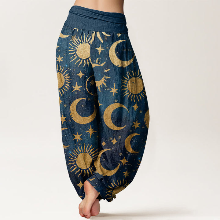 Pantalones harén con cintura elástica para mujer, diseño de Buddha Stones, luna creciente, sol y estrellas - image 9