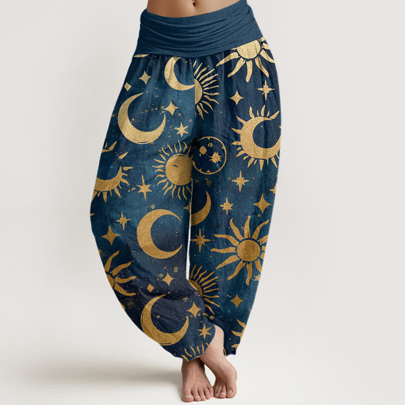 Pantalones harén con cintura elástica para mujer, diseño de Buddha Stones, luna creciente, sol y estrellas - Azul real - US22,UK/AU26,EU54 (6XL) - image 8